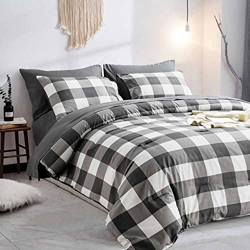 Plaid Bedding Comforter Set Queen Size, 7 Piece Grey Buffalo Check Microfiber Bed In A Bag - Soft & Lightweight All Season Down Alternative Comforter With Sheets For Teens Women Men, Light Gray #TOP1
