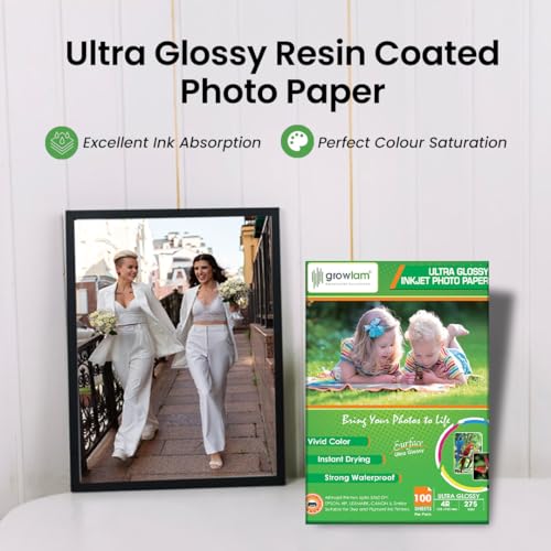 Image of Growlam Ultra Glossy Photo Paper 275 GSM 4R Size Photo Paper- Water Proof, Instant Drying, 100 Sheets, Resin Coated, Compatible with Inkjet Printer (Pack of 1)