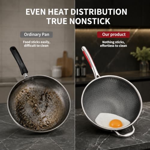12.6" Lake Tian Tri-Ply Chemical Free Laser Etched Honeycomb Nonstick Stainless Steel Wok Pan w/ Glass Lid - image 7