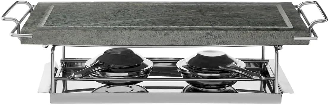 Acense Hot Stone Grill, Gourmet Tabletop Food Cooker for Steak, Seafood and Vegetables - 43 x 20 x 11 cm Marble/Wood