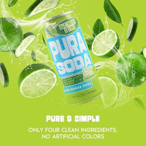 Image of PuraSoda Cucumber & Lime - 12g Pure Cane Sugar Soda, 10 Fl Oz, Pack of 12 | Real Fruit Extract, Non-Gmo Vegan, No Stevia Or Artificial Sweeteners, 13g Cane Sugar, 10 Fl Oz Cans
