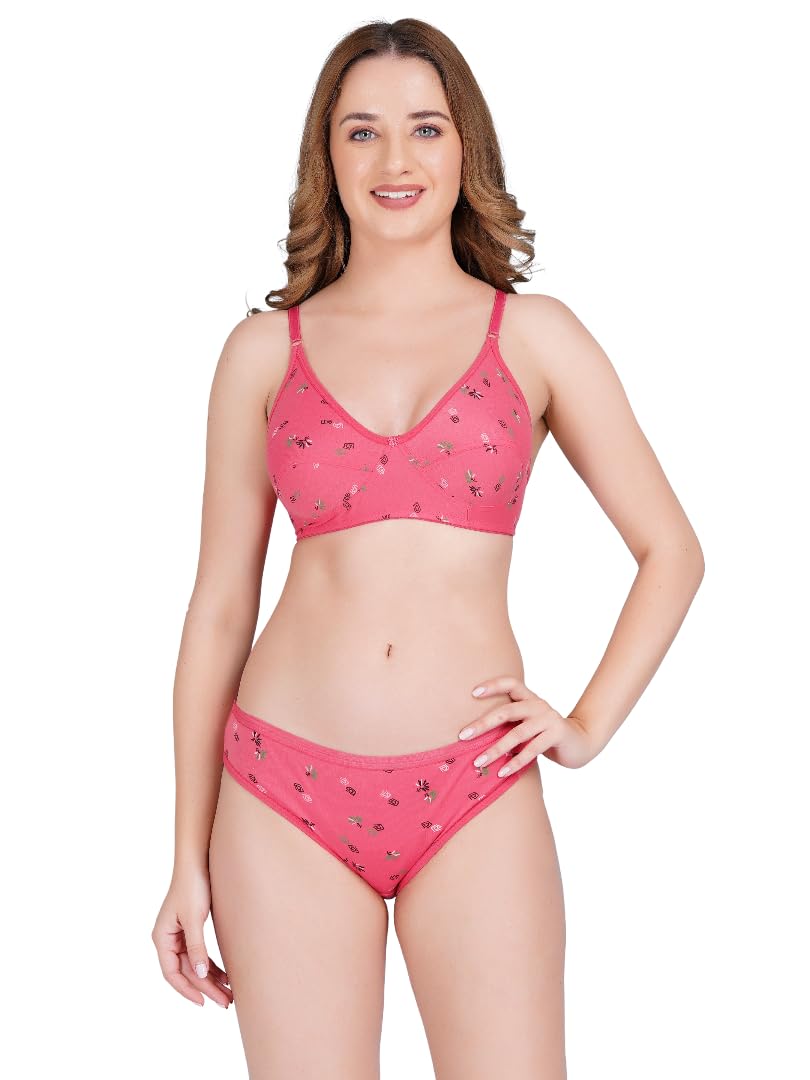 Women's Cotton Bra and Panty Set, Pink, Floral Print, Lingerie Innerwear-image-48