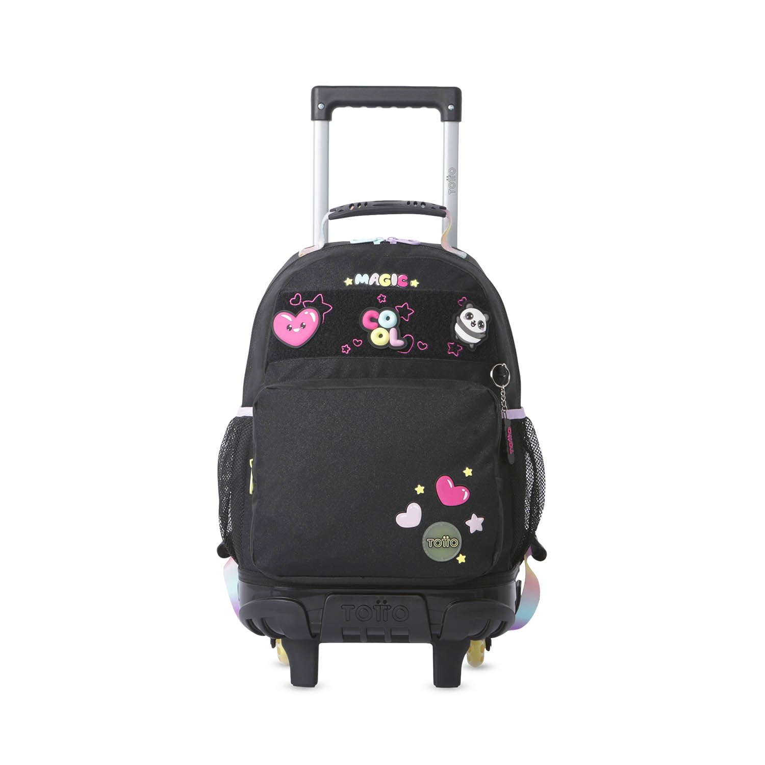 TOTTO - Mochila Escolar con Ruedas, Modelo Glowing Black M, Mochila Mediana, Capacidad 23 L, Bolsillos Botella, 2 Compartimentos Frontales, Protección en la Base, Correas Ajustables, Estampado Negro