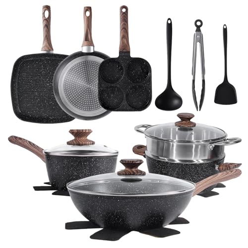Sweetcrispy 17 Pcs Nonstick Pots and Pans, Non-toxic Kitchen Cooking