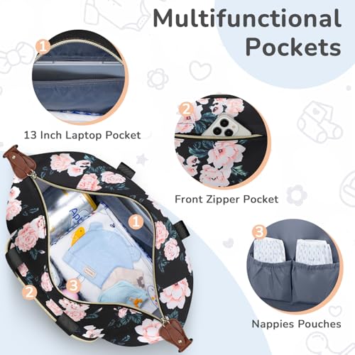 Image of Tenot Diaper Bag Tote with Pacifier Case, Baby Bag for Women with Shoulder Straps, Travel Diaper Tote for for Mom and Dad Medium Size, Black Pink Floral