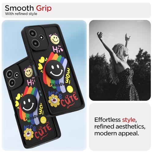 Image of Pikkme Back Cover for Redmi 12 5G / Poco M6 Pro 5G | Soft Silicone| Cute Rainbow Smile & 3D Cartoon Flower Design | Shockproof Raised Camera Protection Bumper Case (Black)