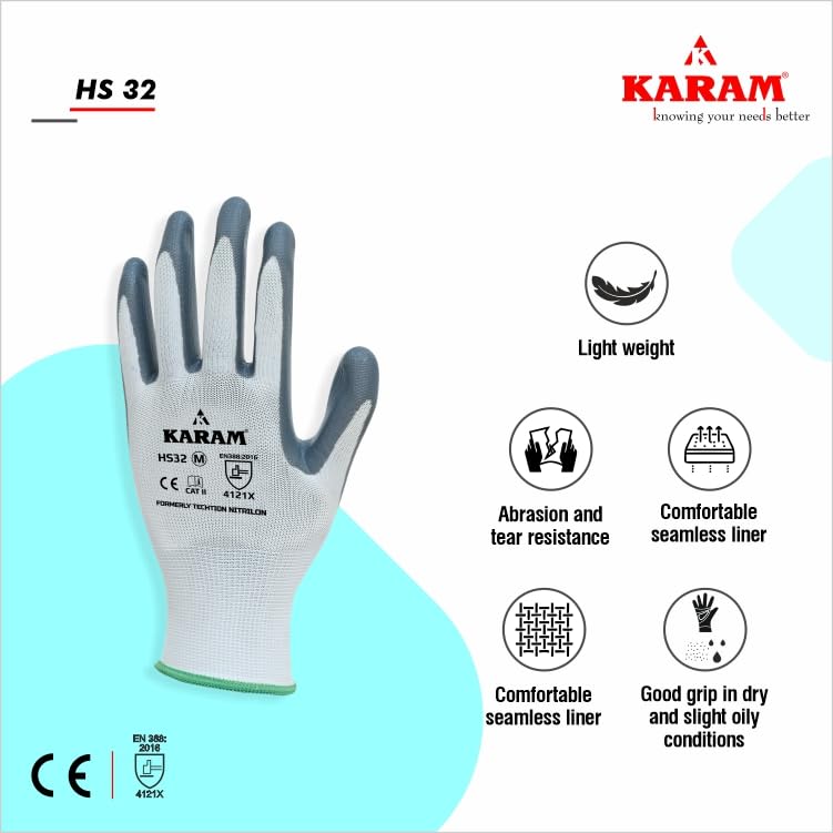 Image of Karam HS32 Nitril Palm Coated Safety Work Gloves | Excellent Grip, Flexible & Durable with Elasticated Wrist for Secure Fit | Tear & Abrasion Resistant Safety Hand Gloves | Size-L | PACK OF 10