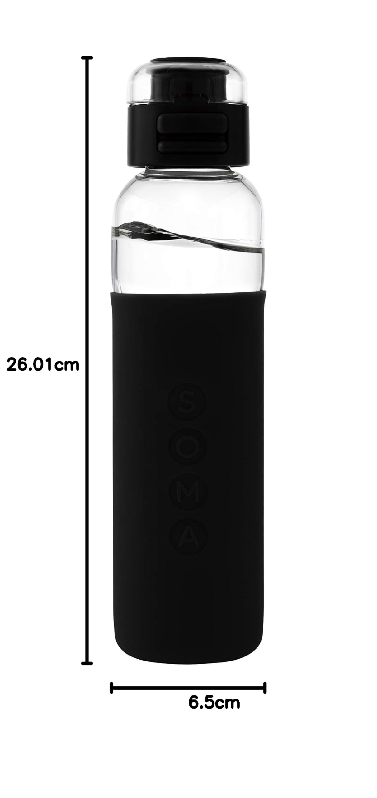 SOMA Glas-Wasserflasche mit Silikonhülle, Sportkappe, 500 ml, Schwarz