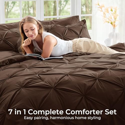 Image of Sasttie King Size Comforter Set, 7-Piece Bed in a Bag, Pintuck Bedding Set for All Season, Includes Comforter, Flat Sheet, Fitted Sheet, Pillowcases and Pillowshams, Dark Brown