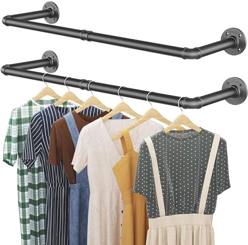 Image of Komlyar Industrial Clothing Rack 38.4'' Wall Mounted, Heavy Duty Iron Pipe Rack for Hanging Clothes, Black Finish