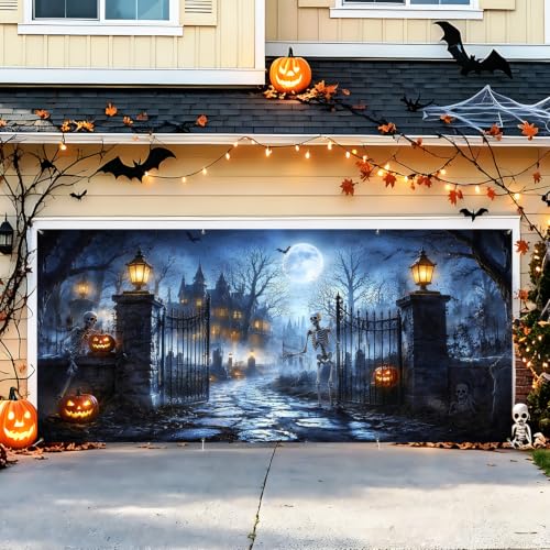Image of Halloween Garage Door Decorations 6 x 13 ft, Skeleton Gate Cover