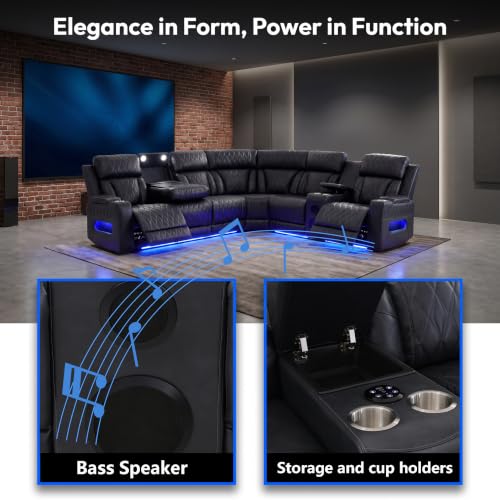 Image of Breathable Leather Power Recliner Sectional Sofa, Bass Speakers, Cup Holder & Storage Console for Living Room Home Theater