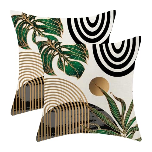 Boho Pillow Covers 18x18 Set of Mid Century Green Black Gold Tropical Leaf Throw Pillow Covers Outdoor Decor, Abstract Modern Bohemian Farmhouse Linen Decorative Cushion Cover for Home Couch