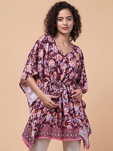 Image of Hive91 Floral Elegance: Rayon Kaftan with Fringes