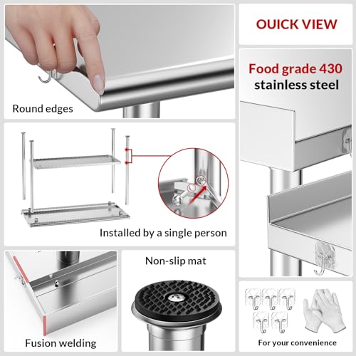 Stainless Steel Prep Table for Work, 24 * 48 Inch, High Load Bearing with Undershelf and Backsplash for Outdoor, Restaurants, Hotels, Workshops, Kitchens, Garages and Gardens