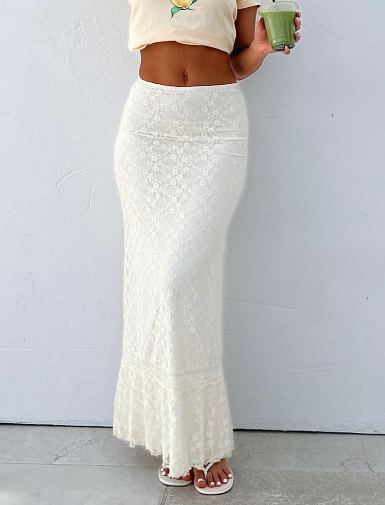 Women Y2k Lace Maxi Skirts Elastic Waist Floral Lace Flowy Long Skirts Sheer See Through Ruffle Layered Skirts2