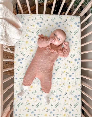 Image of Crib Sheets for Baby Boy Girl 2 Pack, Fitted Crib Mattress Sheet 28 inch x 52 inch, Muslin Toddler Bedding with Neutral Style, Nursery Bedding Essentials (Spring Garden & Sage)
