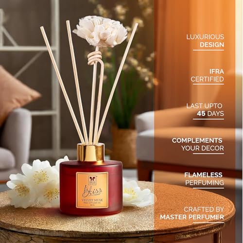 Image of IRIS Bliss Velvet Musk Reed Diffuser Set - Luxury Home Fragrance with Long-Lasting Natural Aroma Oil for Home, Bedroom, Living Room, and Office | Aromatherapy Air Freshener Set (100ml)