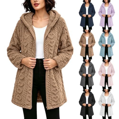 Womens Hooded Sherpa Cardigan Jacket Zip Up Jacquard Textured Long Coat - image 1