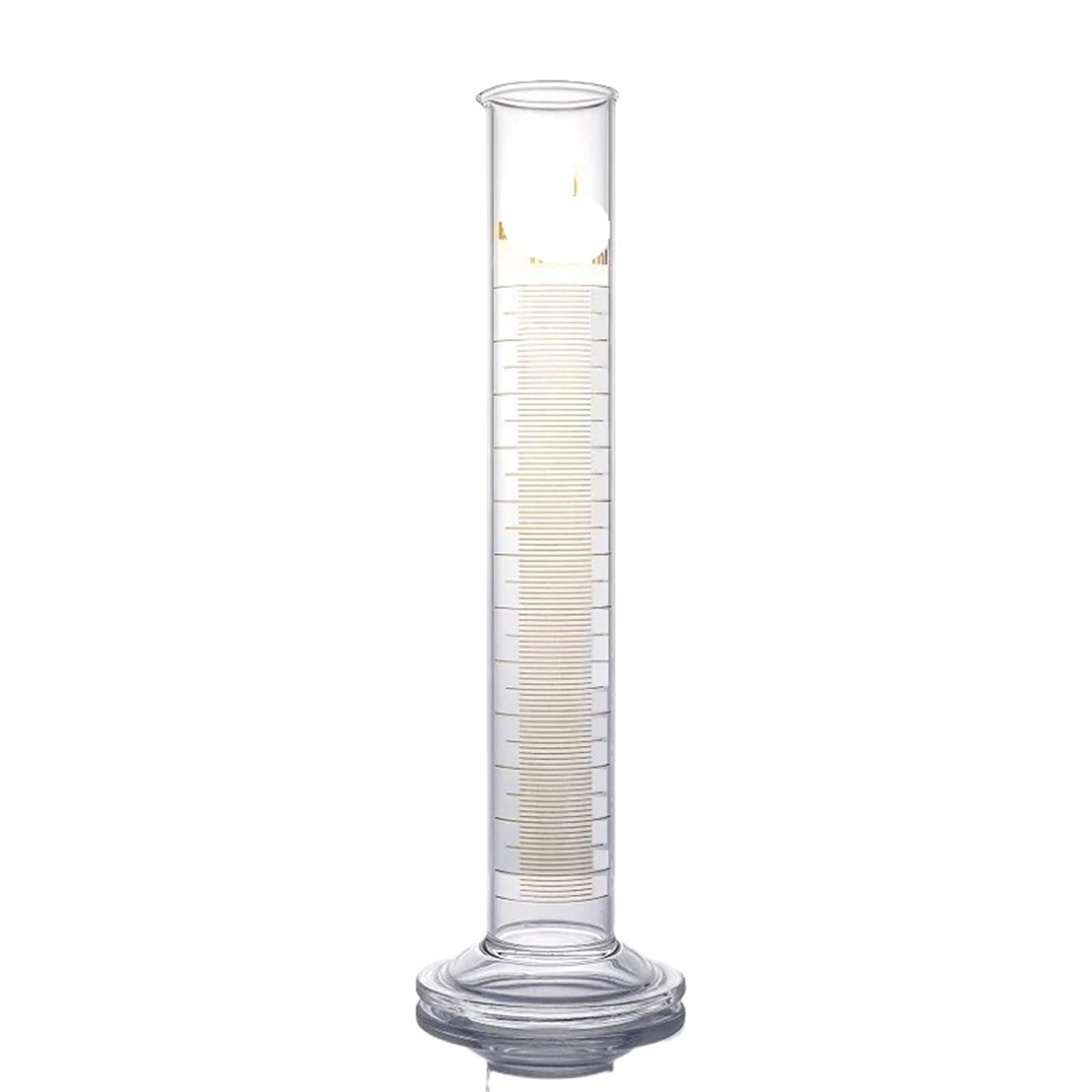 4 probetas graduadas de 250 ml con pico y base redonda de vidrio, equipo de química de laboratorio.