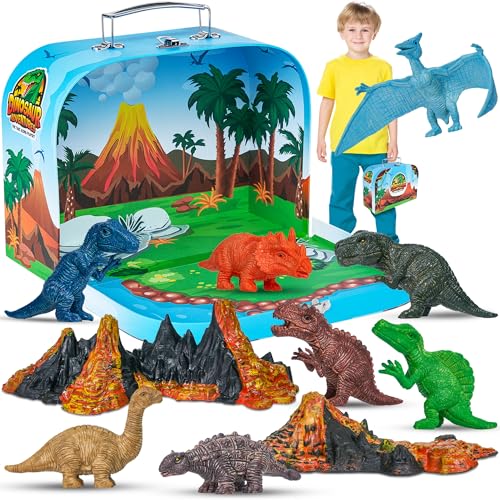 Team Power Dinosaurs Carry Case Set - with Play Scenery Inside, 8 Dinosaur Figures & 2 Volcanic Landscape | Toddler Toys for Kids 3-5