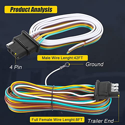 Exerauo Trailer Light Wiring Kit, 50Ft Wiring Harness With 4 Way Flat, Waterproof 18 Gauge 4 Pin Wiring Kit For Utility Trailer, Marine, Boat Trailer #TOP2