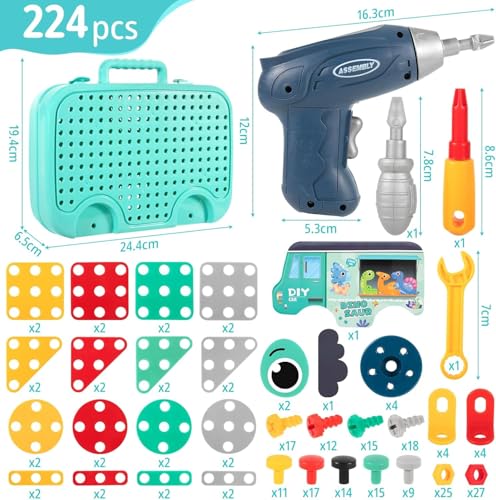 Image of Electric Drill Screw Tool Set Creative Mosaic Puzzle Toy, 224 Pcs 3D Creativity Educational Kit Construction Toy Birthday Gift for Ages 3 4 5 6 Years Boys Girls (Bus Shape Blue)