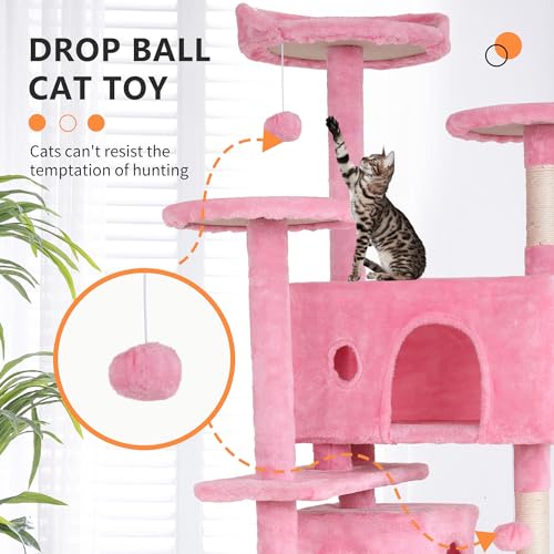 Image of BestPet | 54 inch Cat Tree Tower | Pink | Sturdy Multi-Level Cat Tree