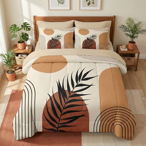 Pamnest Comforter Set Queen Size, Boho Mid Century 7 Pcs Bedding for Kids and Adults, Sun Orange Leaves Bed Sheet Sets with Fitted Sheet 2 Pillowcase & 2 Sham for Bedroom Bed Decor