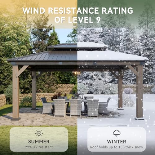 Image of Aoxun 12' x 16' Outdoor Wood Gazebo, Hardtop Gazebo Permanent Wooden Pavilion with Galvanized Steel Double Roof, for Patio, Garden, Backyard, Cedar Wood, Grey