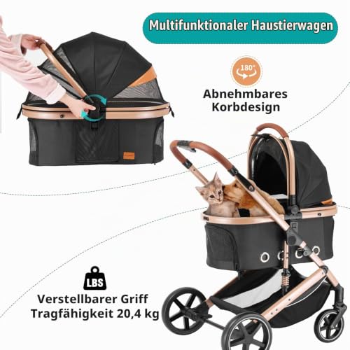 EchoSmile Hundewagen Hundebuggy bis 20 kg Klappbar Faltbarer, 4-in-1 Katzenwagen Hundebox mit 360°Verschleißfeste Gummiräder Netzfenstern, Pet Stroller mit für mittelgroße Hunde & Katzen, Schwarz