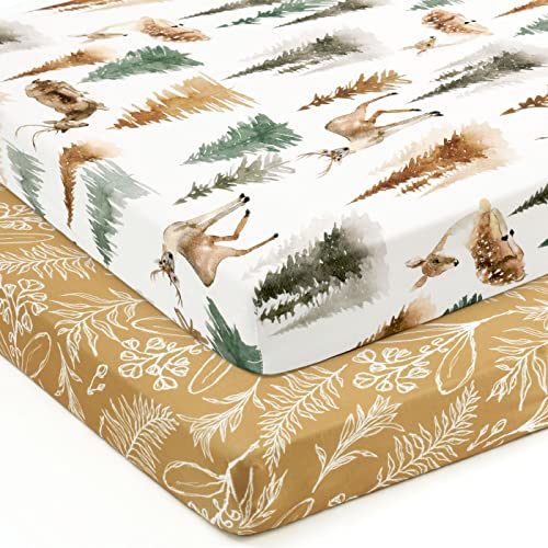 Grssder Stretchy Ultra Soft Jersey Knit Fitted Pack N Play Sheets Set 2 Pack, Portable/Mini Crib Sheets With Deep Pocket, Fitted Playard Mattress Safe And Snug, Stylish Watercolor Deer And Leaves thumb #1