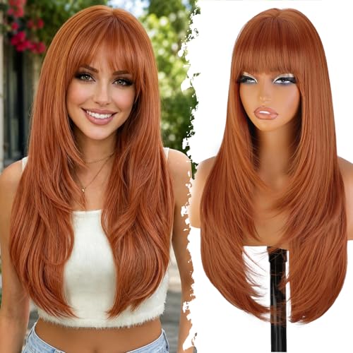 XIXIBI Ginger Wig with Bangs for Women 4x4 Realistic Scalp Free Parting Long Layered Wigs Realistic Synthetic Fiber Heat Resistant Natural Bangs for Daily Party Cosplay Use 26Inch