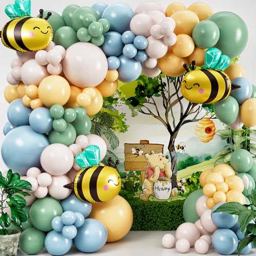 ALL-IN-1 Winnie Balloon Arch Kit with BONUS Bee Balloon for Pooh Baby Shower Decorations - Blue Green Yellow balloon for Honeycomb Bear birthday Decorations & baby shower balloons - Pooh balloons
