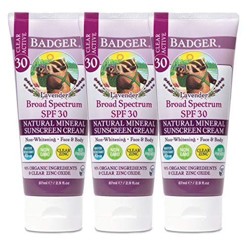 Badger - SPF 30 Lavender Clear Zinc Sunscreen Cream - Broad Spectrum Water Resistant Reef Safe Sunscreen, Natural Mineral Sunscreen with Organic Ingredients 2.9 fl oz (3 pack)