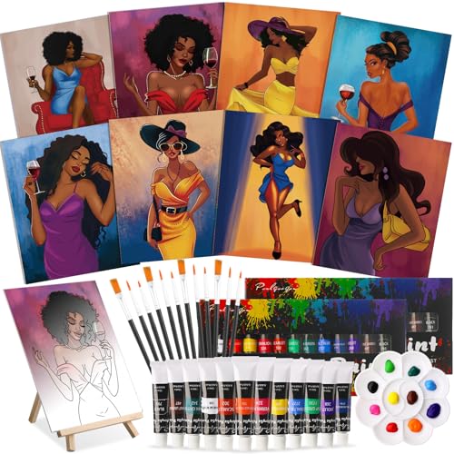 Cholemy 36 Pcs Paint and Sip Kit for Adults 8x10 Pre Drawn Canvas for Painting DIY Afro Acrylic Painting Kit Wood Easel Brushes Date Night Bulk for Summer Halloween Party Gift(Charming Lady)