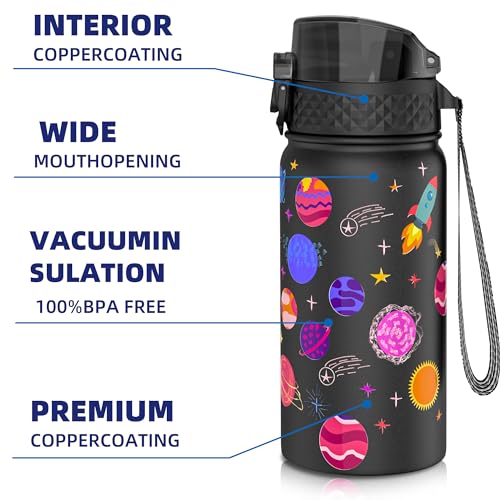 GOPPUS 420ml/14oz Kids Insulated Water Bottle with Straw Cute Double Wall Stainless Steel Child's Small Flask Vacuum Insulated Steel Metal Leak Proof Drink Flask Boys Toddler Girls Bottles BPA-Free - Image 4