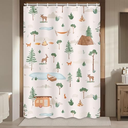 Image of Boziqr Camper RV Shower Curtain Travel Trailer Bathroom Accessories Wild Life Deer Moose Forest Decor Camping Shower Stall Curtains 47x64 Inches (Beige)