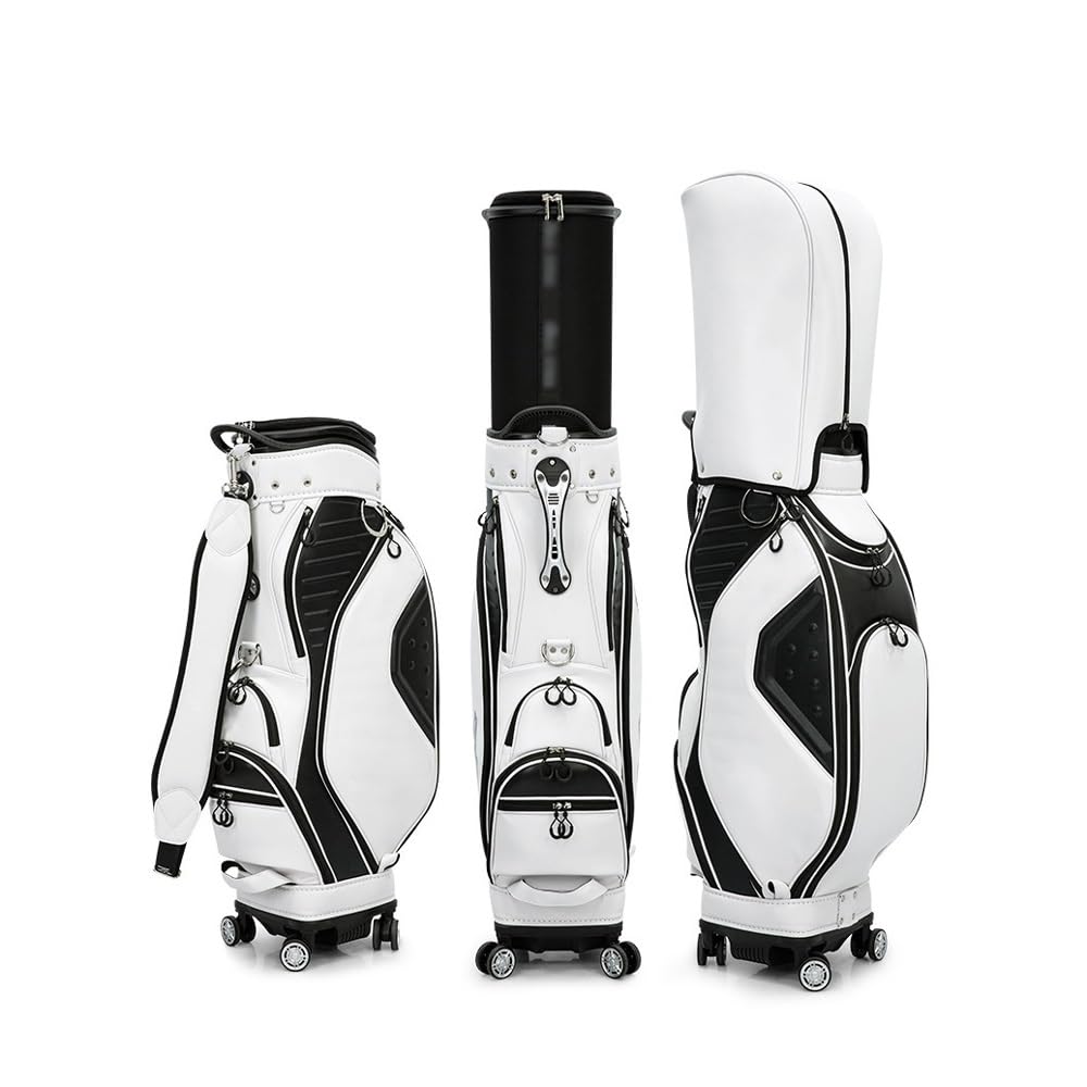 Torba golfowa z 8 górnymi przegródkami, ergonomiczna, chowana torba na kije golfowe z kółkami, pokrowcem przeciwkurzowym, paskiem plecaka i górnymi przegródkami(White)