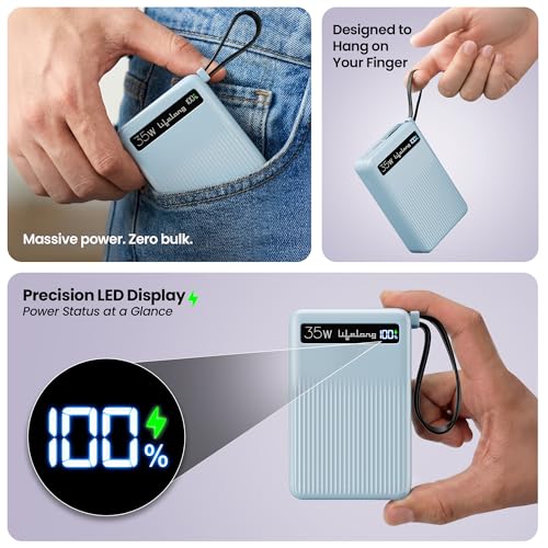 Image of Lifelong Electronics 20000mAH 35W Fast Charging Small Pocket Size Power Bank | Built-in 35W (1.5X Faster) Type-C Cable & Port | Flight Friendly | USB-A (30 W) Output Powerbank for iPhone, Android, Mac