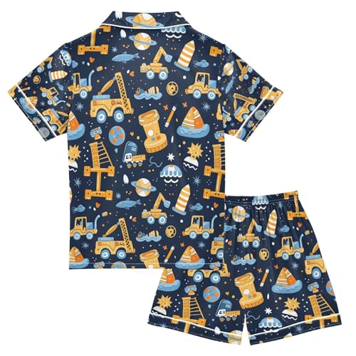 senya Cartoon Excavator A Satin Summer Pajama Sets Silk Short Sleeve Button Down Sleepwear2