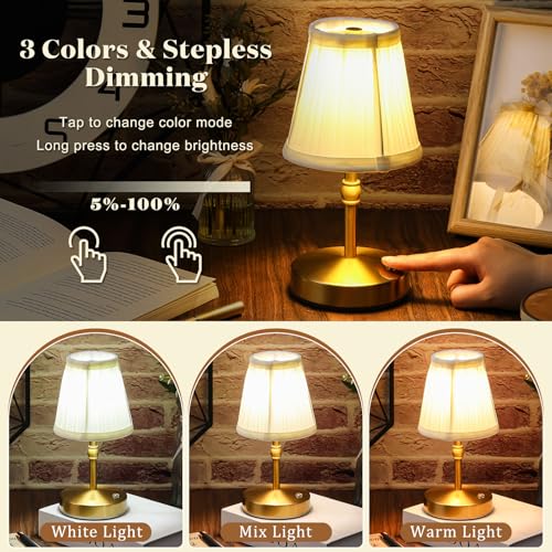 Image of Liliful 2 Pcs Cordless Table Lamp Rechargeable Touch LED Small Gold Portable Battery Operated USB-c Desk Lamp 3 Color Dimmable for Bedroom Living Room Dining (Gold,Weaving Style)