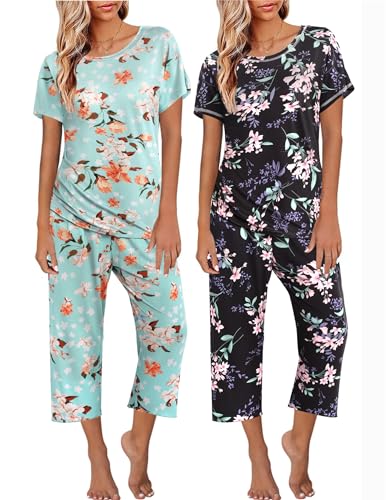 Image of Ekouaer 2 Pack Womens Pajamas Sets Short Sleeve Tops and Capri Pants Pjs Colorful Printed Sleepwear Sets
