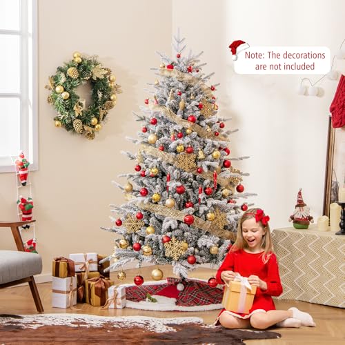 Image of Goplus 6ft Pre-Lit Snow Flocked Christmas Tree, Artificial Hinged Full Xmas Tree with 260 Multicolored LED Lights, 8 Lighting Modes, 820 PVC & PE Tips, Lighted Fake Christmas Tree for Office Home