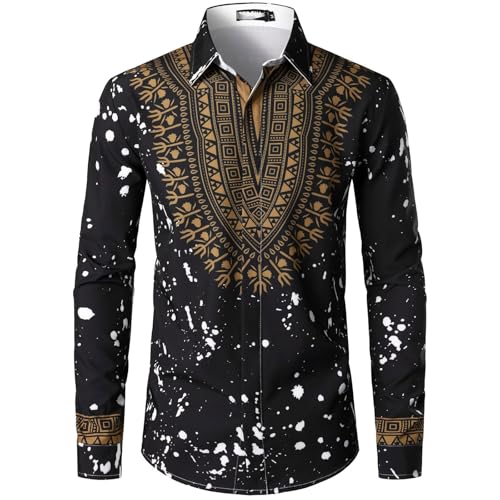 YOSUWOAI Camisa de manga larga impresa en 3D para hombre, blusa formal para fiesta de boda, informal, con botones, vestido para primavera, verano, otoño, ajuste estrecho, camisa informal, P Gold, 3XL