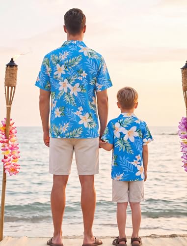 Image of AWIBMK Hawaiian Family Matching Outfits Mother Daughter Tropical Dresses Father Son Shirts for Beach Vacation Luau Party
