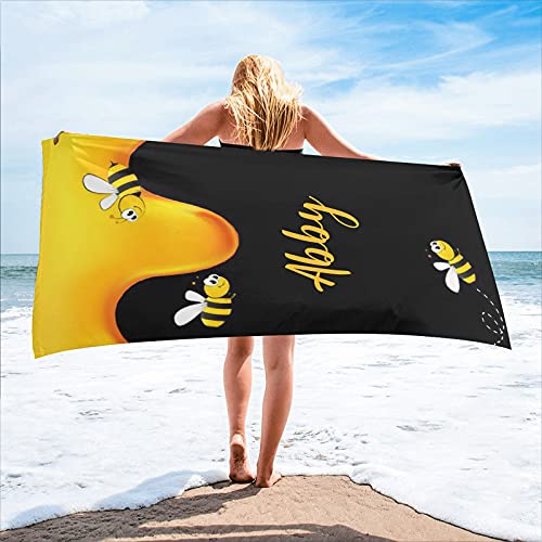 XOZOTY Bumble Bees Honey Personalized Beach Towel Custom Name Bath Towels for Women Men Kids 30 x 60 inch,Double Sides Printed