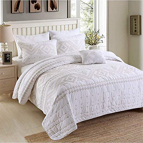 Dessus De Lit 2 Personnes 240 X 260 Blanc Matelasse Boutis Couvre-Lit 100% Coton Brodé,Couvre-lit D'été Matelassé Réversible Avec 2 Taies D'oreiller,240X260CM-White
