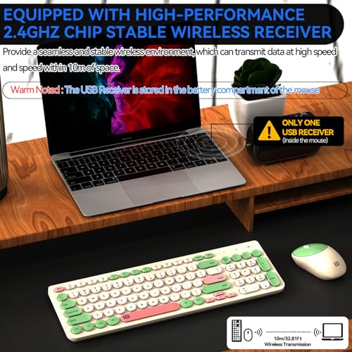 Image of FD Wireless Keyboards and Mouse Combo - 2.4GHz USB Cordless, Cute Wireless Keyboard Round Keys, Quiet and Slim Set for Laptop, Computer, TV and Mac - Milky White Green Colorful