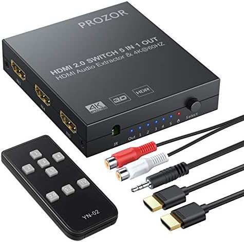 PROZOR HDMI Audio Extractor 4K 60HZ 3D YUV 4:4:4 5 Ports HDMI 2.0 Switch with Optical Toslink SPDIF and 3.5mm Jack Output for Blu-ray DVD etc